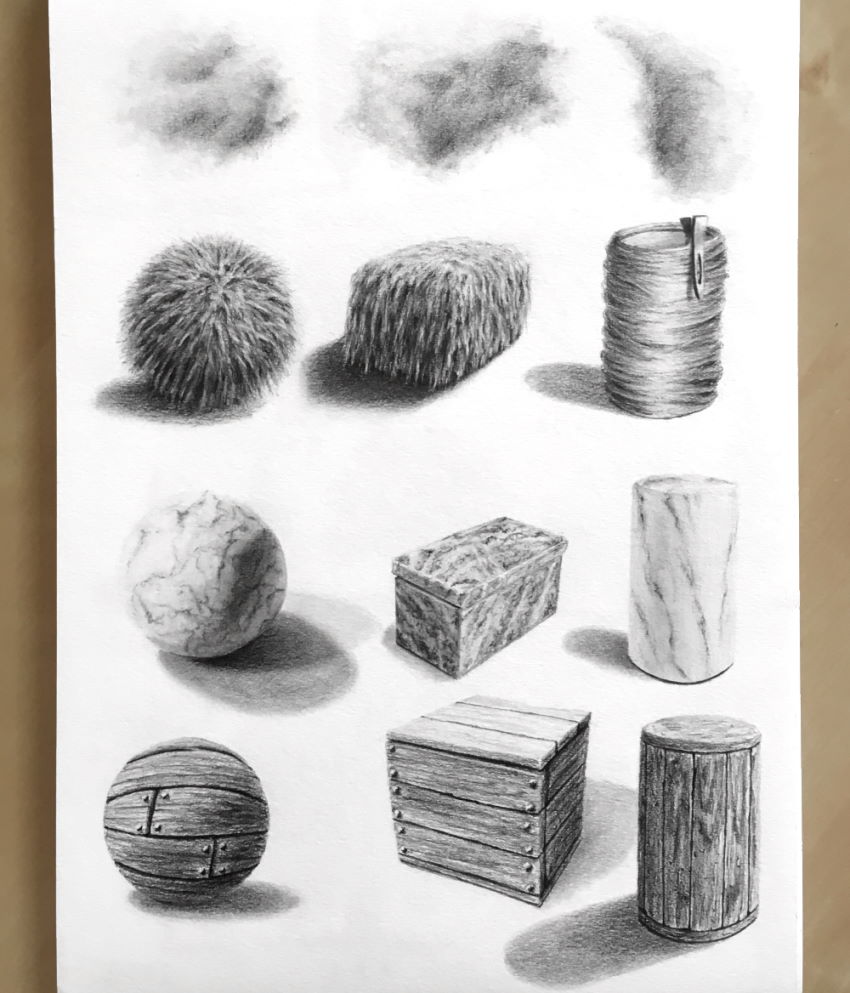 Realistic texture drawings with graphite pencils