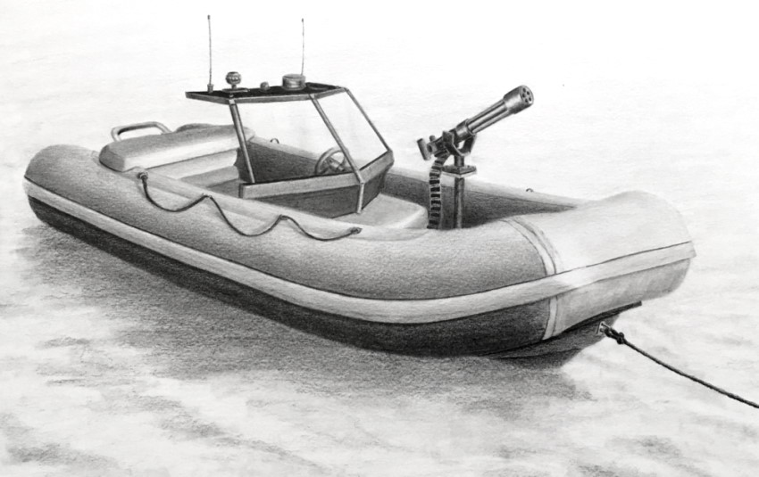 Graphite drawing of a zodiac boat