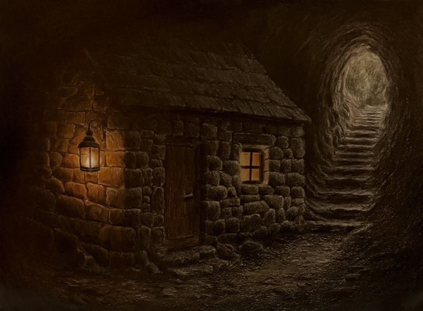 Colored pencil drawing of a house in a dark cave