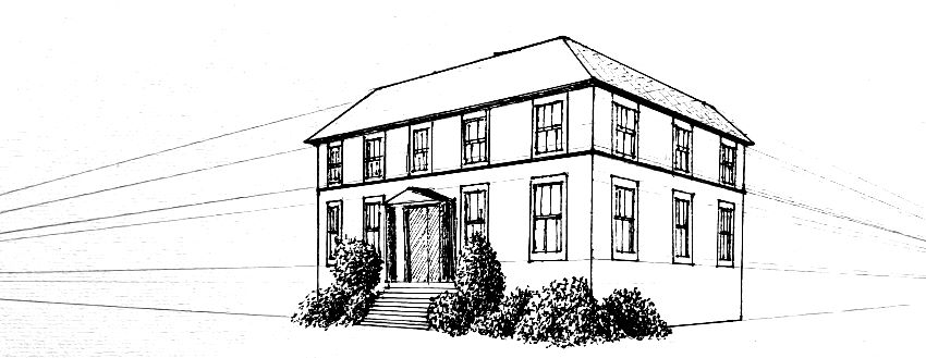 Pen drawing of a house in two-point perspective