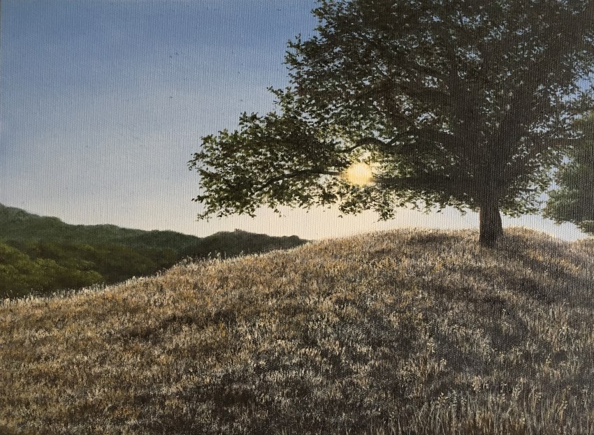 Landscape oil painting, tree & sunset