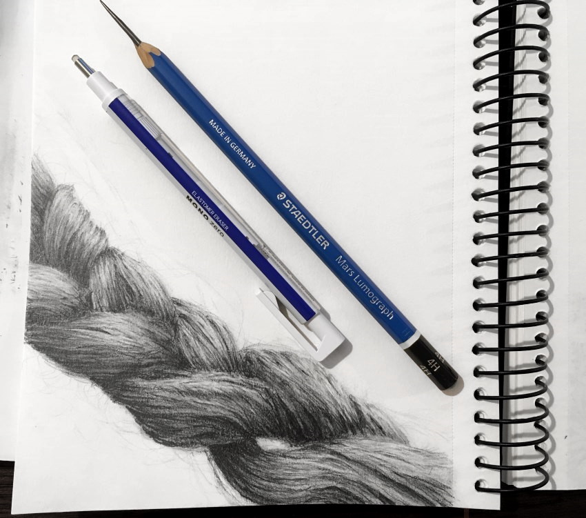 Braid pencil drawing with Tombow MONO Zero