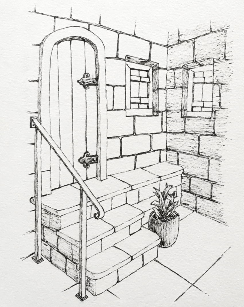 Perspective pen drawing of a house entrance