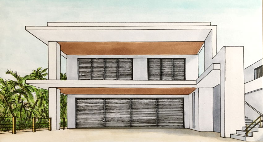 Markers drawing of a viill in one-point perspective