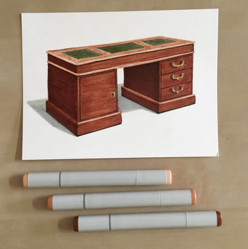 Markers drawing of a mahogany table