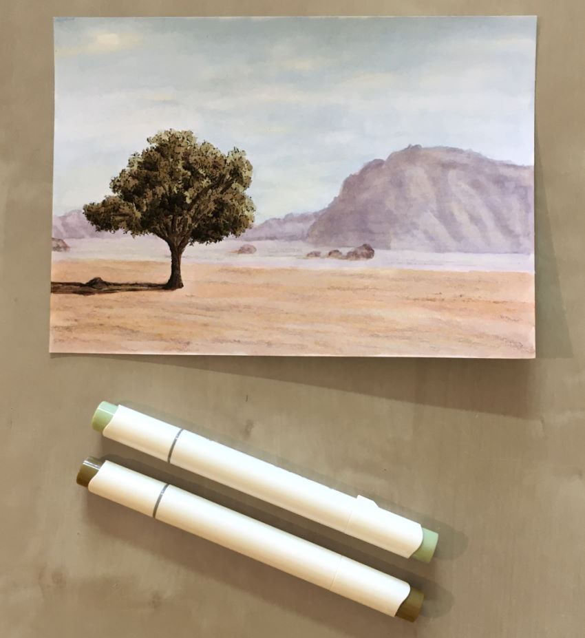 A drawing of landscape and tree with markers