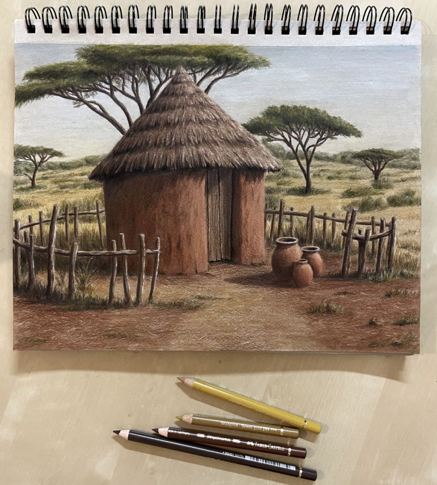 Realistic drawing of a round hut in Africa