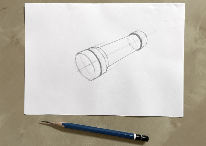 A pencil sketch of a flashlight