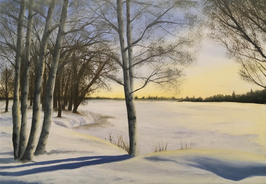 Oil painting of birch trees in the snow