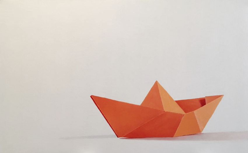 Realistic oil painting of an orange origami boat