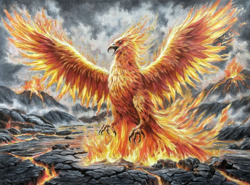 A drawing with colored pencils of the mythological Phoenix