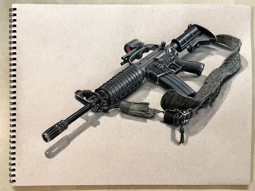 Realistic colored pencil drawing of an M16 rifle