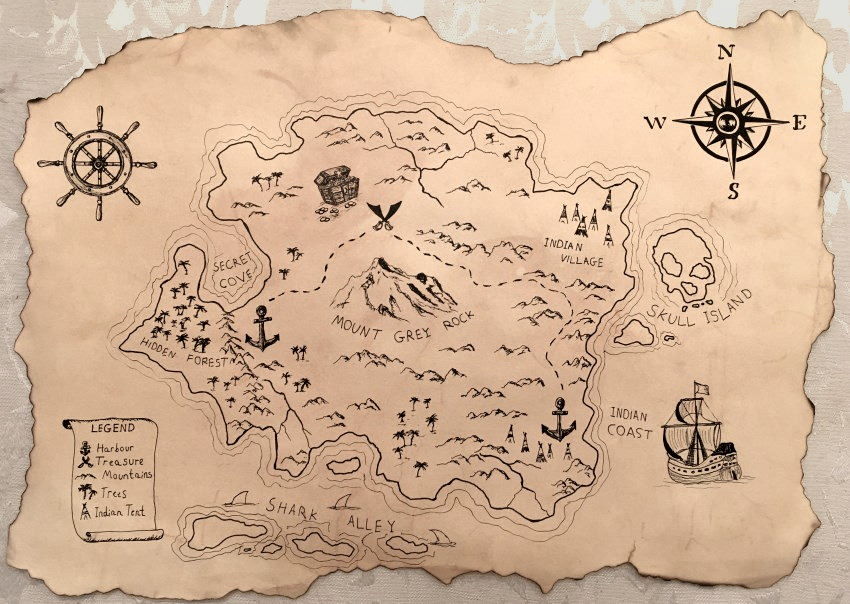 Drawing of a treasure map on antique paper