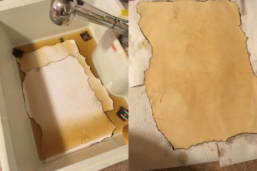 Immersing a paper sheet in tea and drying