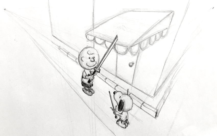 A drawing of Snoopy and Charlie Brown