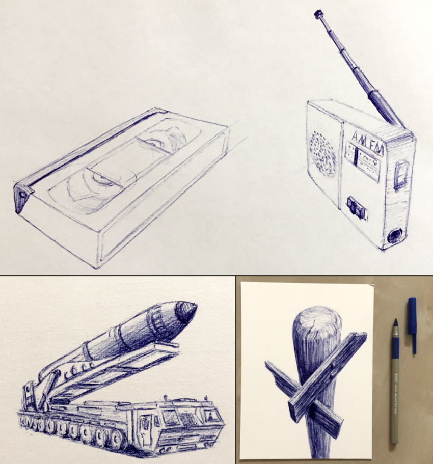Drawings with blue ballpoint pen