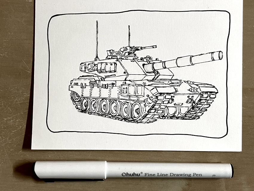 A pen outline drawing of a tank