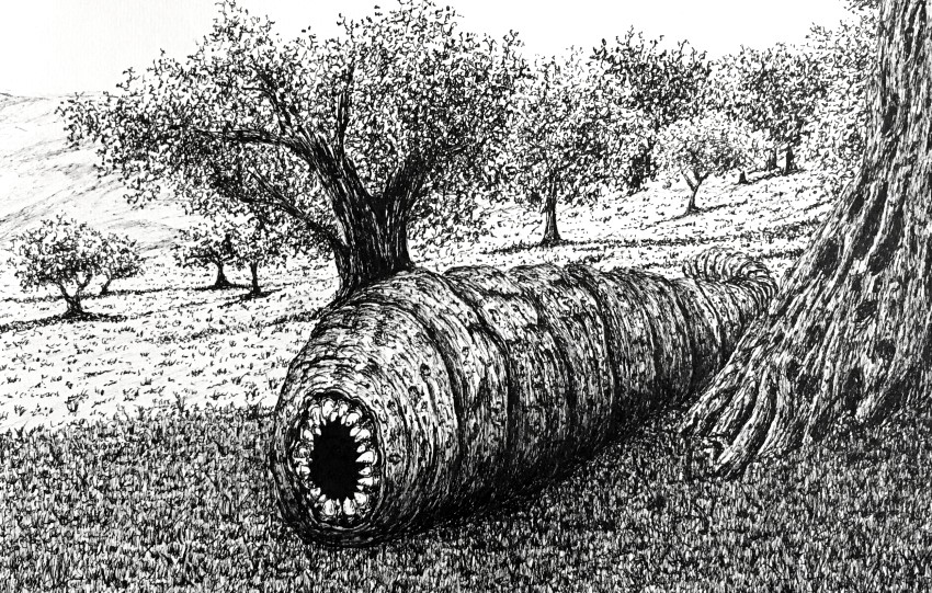 Giant monstrous worm pen drawing