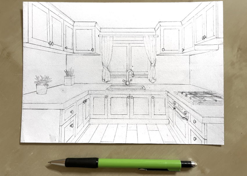 Perspective drawing of a kitchen in one point perspective