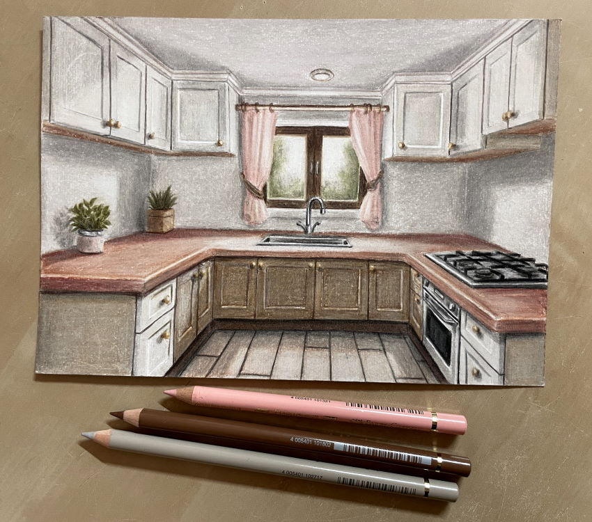 Realistic drawing of a kitchen with colored pencils