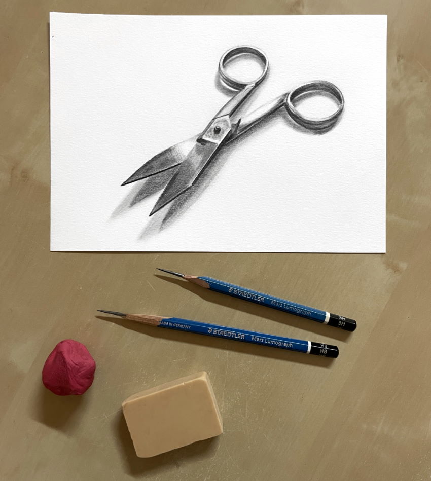 Drawing of realistic scissors with pencils