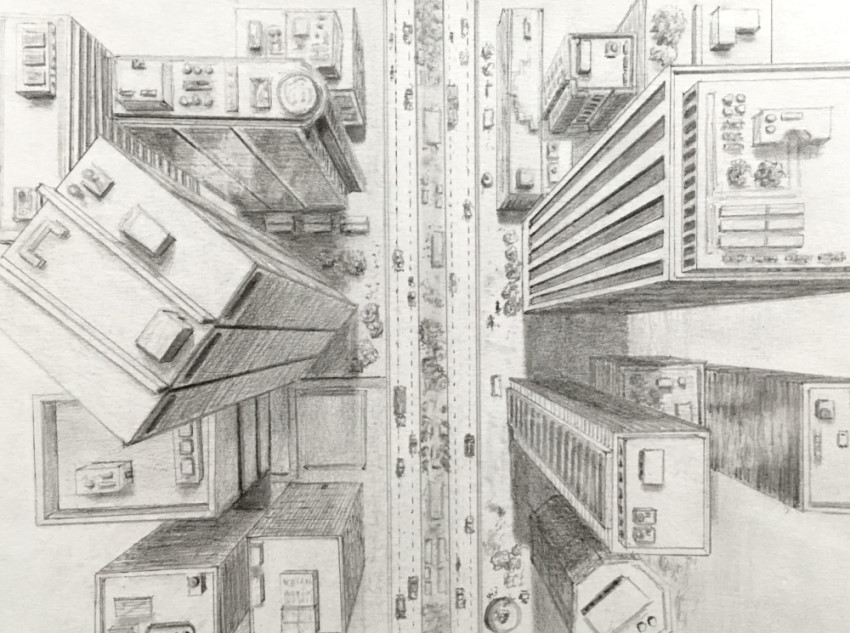 Drawing of a city from above in perspective