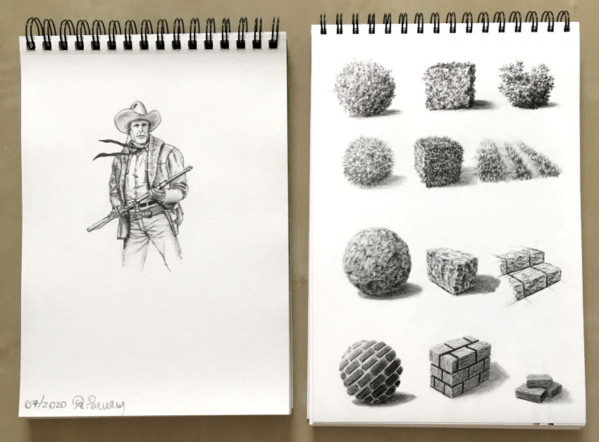 Examples of pencil drawings on spiral pads