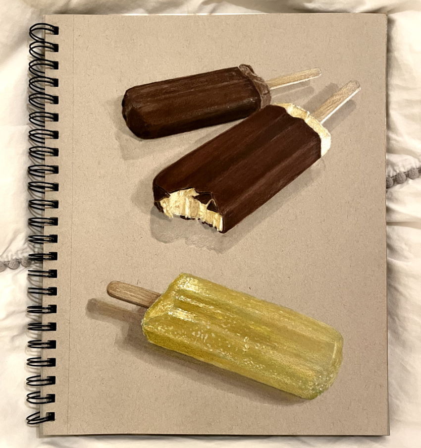Realistic drawing of popsicles with colored pencils