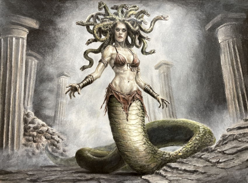 Colored pencil drawing of Medusa from mythology