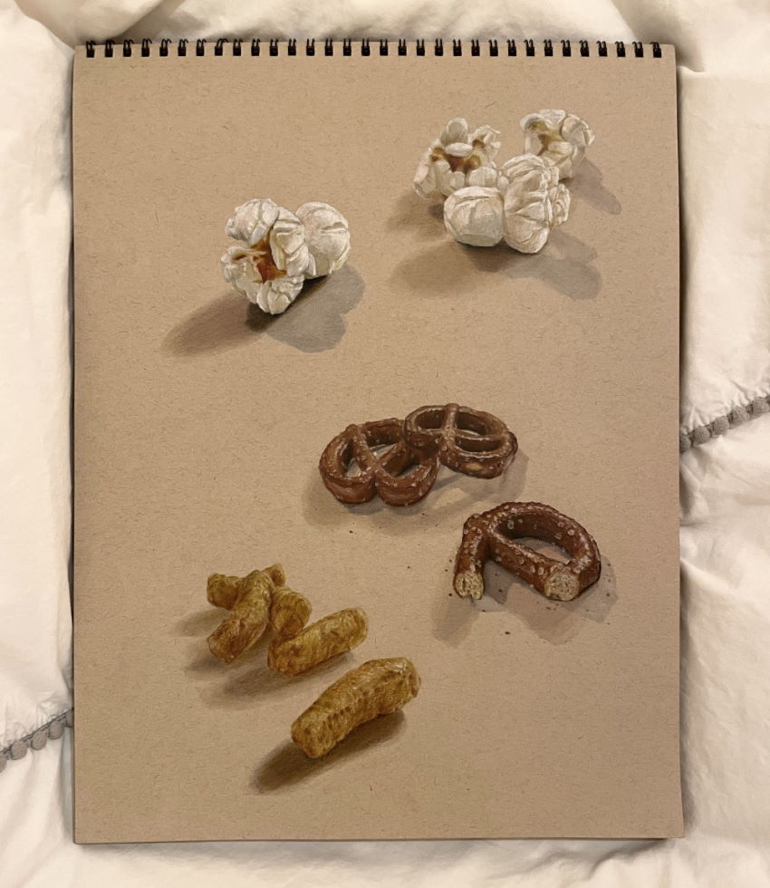Realistic drawing of popcorn, pretzels and bamba snacks